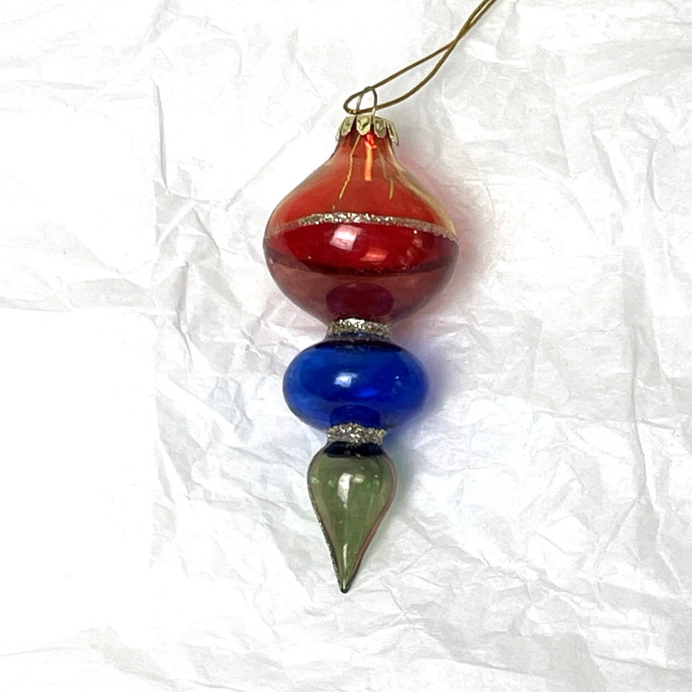 Vintage Multicolor Blown Glass Finial Christmas Ornament Gold Glitter 4.25"